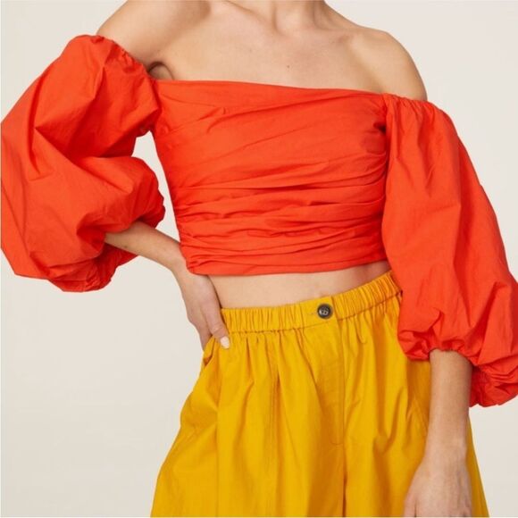 Tanya Taylor Alondra‎ Off Shoulder Puff Sleeve Crop Top Sz 2